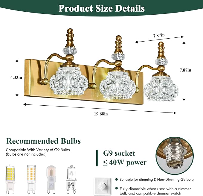 Modern Glass Crystal Vanity Light - Vintage Bathroom Lighting Fixtures Over Mirror, 3 Light Vanity Lights G9 Bulb (19.68 Inch, Gold)