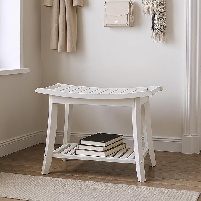 Bamboo Shower Bench Stool,24" Shower Chair Seat Non-Slip,Waterproof Bathroom Bench with Storage Shelf for Adults,Elderly, Disabled Indoor&Outdoor Use (White)