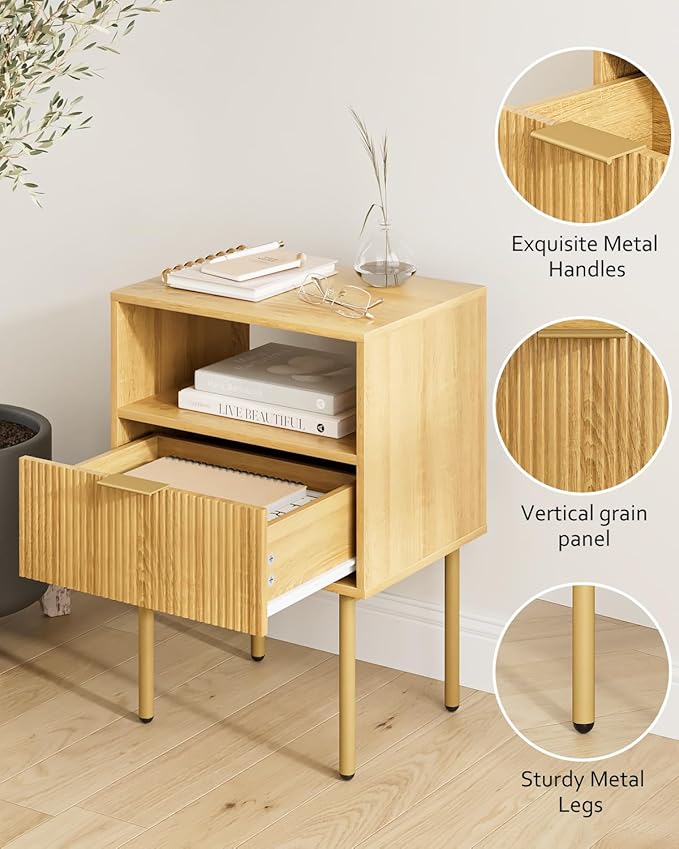 Masupu Night Stand,Mid-Century Modern Bedside Table with Storage Drawer and Open Wood Shelf,Small Gold Frame Side Table for Bedroom,Living Room, Natural