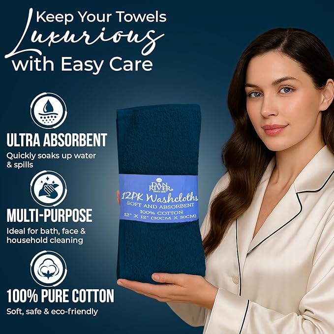 DAN RIVER 12 Pack Wash Cloths for Showering [12x12] - 100% Cotton Washcloths Premium Quality Flannel Face Cloths for Bathroom, Highly Absorbent and Soft Feel Wash Clothes, Opal Blue
