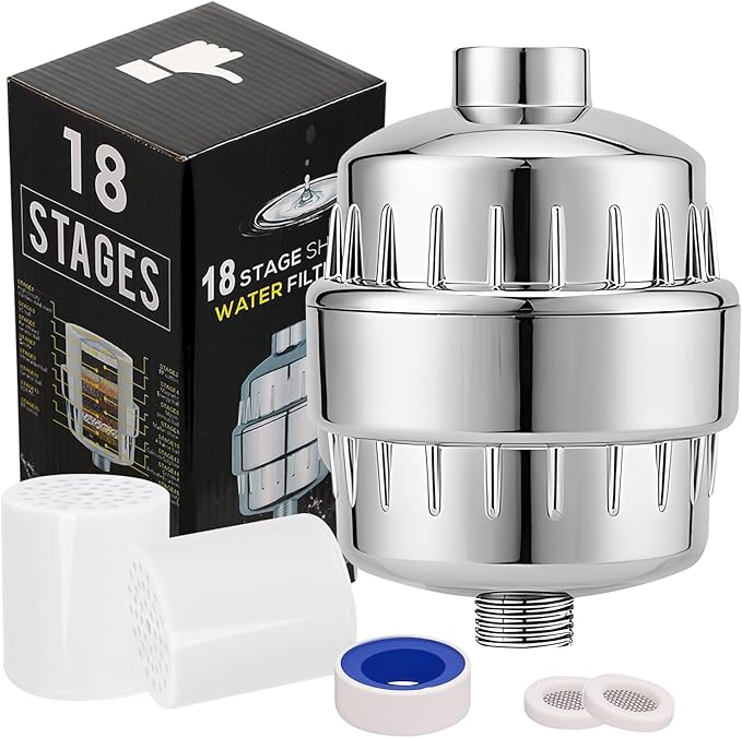 18-Stage Filtro Para Ducha De Baño Shower Filter To Remove Toxic Chemicals Relieve Skin Itching Remove 99.9% Of Shower Head For Hard Water 2 Replacement Cartridges, Polished Chrome