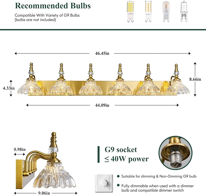 Vintage Bathroom Vanity Light, 6-Light Gold Vanity Lighting Fixture with Flower Glass Shade, Bathroom Lighting Fixtures Over Mirror