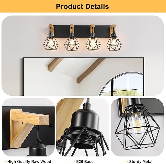 maesta 4-Light Farmhouse Bathroom Vanity Light Fixtures, Wood Bathroom Light Over Mirror, Rustic Sconces Wall Lighting with Elegant Metal Lampshade for Living Room, Bedroom, Hallway