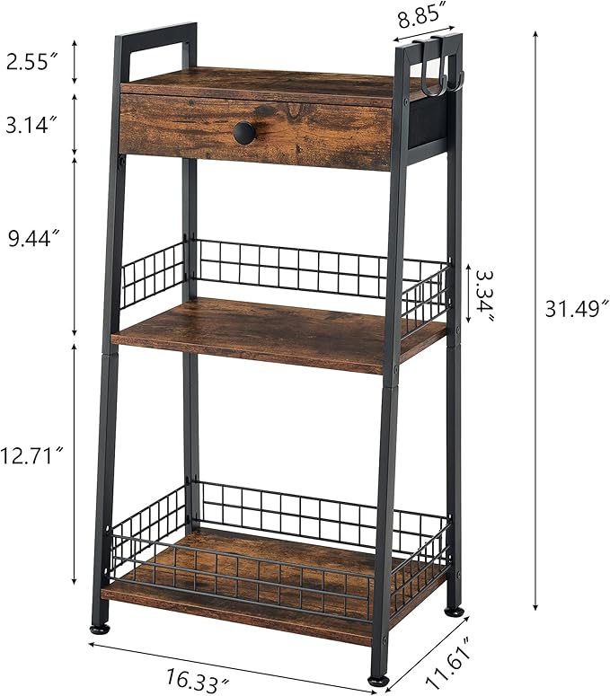 3-Tier Bathroom Ladder Shelf with Drawer, Bathroom Stand Floor Storage Shelf, Freestanding Tower Shelf Ladder Table for Living Room, Bedroom -Rustic Brown