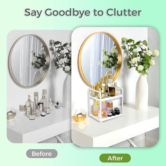 2-Tier Countertop Organizer for Bathroom – Cosmetic Organizer Rack and Storage Shelf for Bedrooms, Offices, Kitchen Counters, and Under Sinks (White)