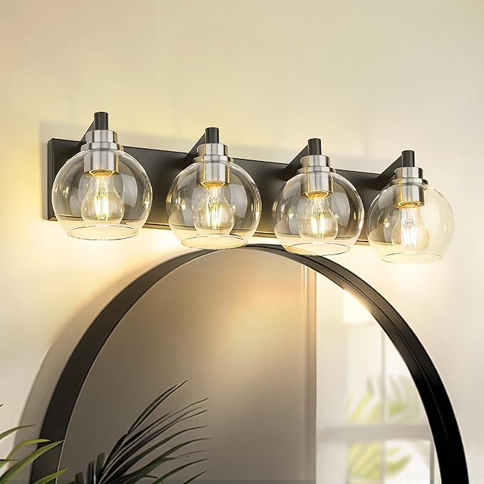 Bathroom Light Fixtures, 4-Light Black and Brushed Nickel Bathroom Vanity Light, 26 Inch Modern Wall Sconces with Globe Clear Glass Shade, Vanity Lighting Fixtures Over Mirror, VL195-KN-4