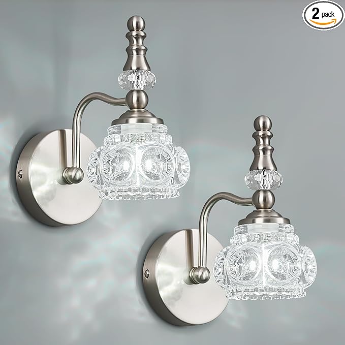 Modern Wall Sconce Set of Two Indoor Wall Lamp Nickel Vintage Wall Sconces Glass Wall Light Bathroom Vanity Light Fixture Wall Mounted Room Sconce Wall Lighting
