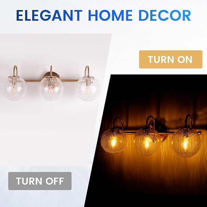 Gold Bathroom Light Fixture, Vanity Lights Over Mirror 3 Light Bathroom Vanity Light with Cracked Glass Globe Shade, Modern Wall Sconce Lighting for Bedroom, Kitchen Living Room Hallway Cabinet