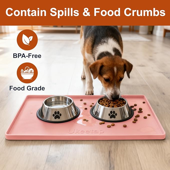 19” x 12” Heavy Duty Waterproof Silicone Mat with Raised Edge, BPA Free Non-Slip Dog & Cat Food Mat, Feeding Mat for Food and Water Bowls, Spill Proof Mat to Protect Floors, Pink