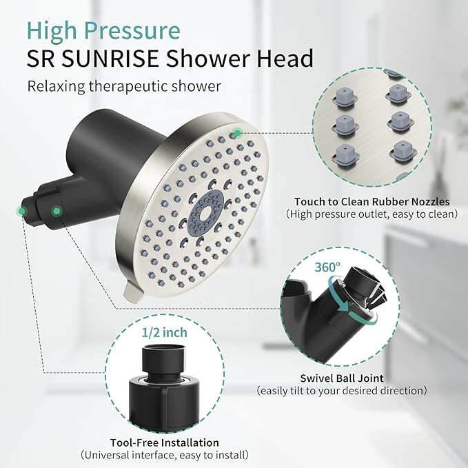 SR SUN RISE Filtered Shower Head with Filters- High Pressure Rain Shower Head,with 20-Stage shower Filter,6 Spray Modes for Hard Water Softener, Remove Chlorine (Brushed Nickel,5.5 Inch Round)