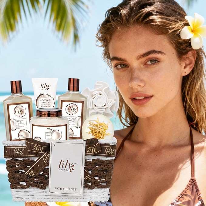 Christmas Gifts for Women - 7 Pcs Coconut Pampering Bath and Body Gift Basket Set for Women, Gift with Shower Gel | Valentine's, Birthday, Mothers Day Gifts for Mom, Perfect Gift for Mom All Occasion