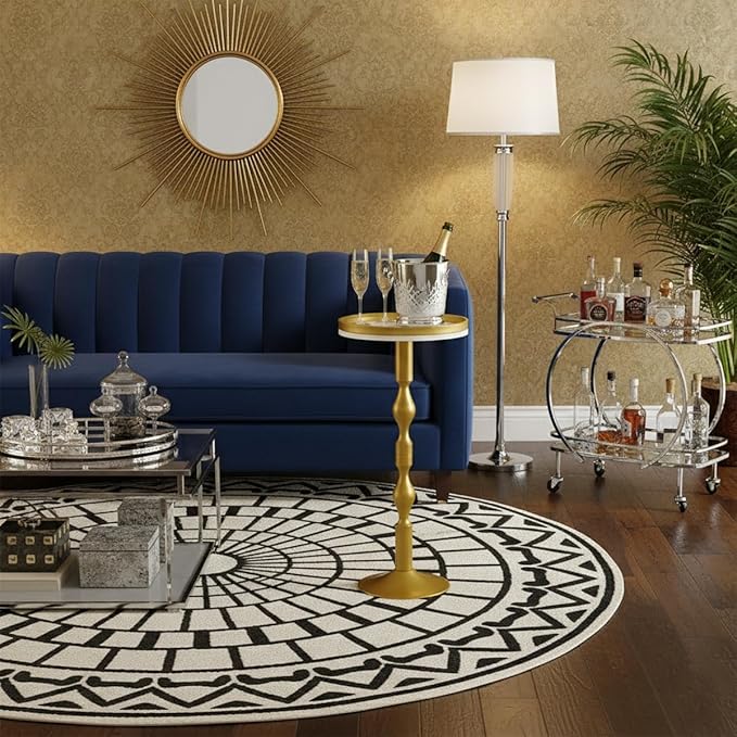 Small Round Drink Table,Pedestal Tables,Small Round Side Table for Narrow Spaces,End Table for Living Room, Bedroom, Bathroom,Balcony (White Gold)