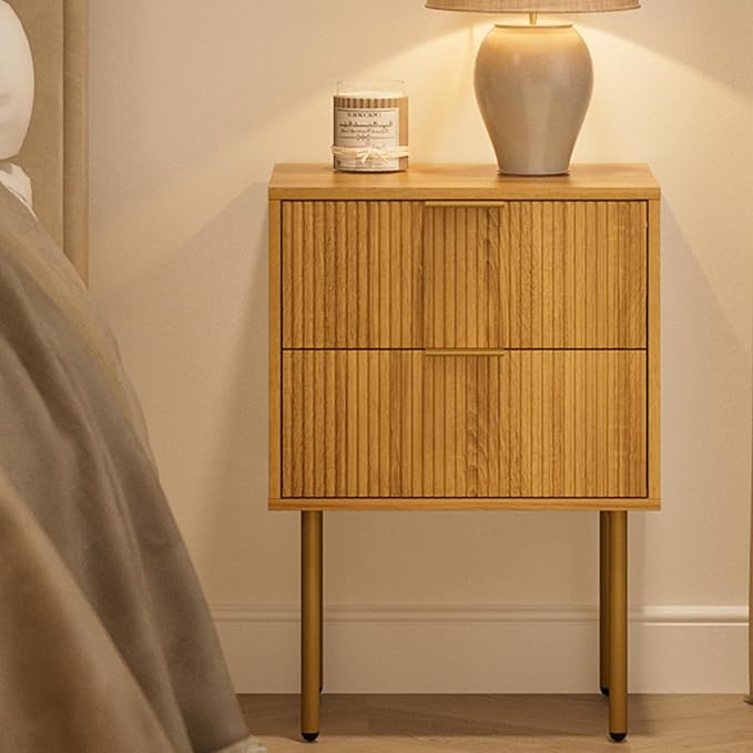 Masupu Night Stand,Mid-Century Modern Bedside Table with 2 Storage Drawer,Small Gold Frame Side End Table for Bedroom,Living Room, Natural