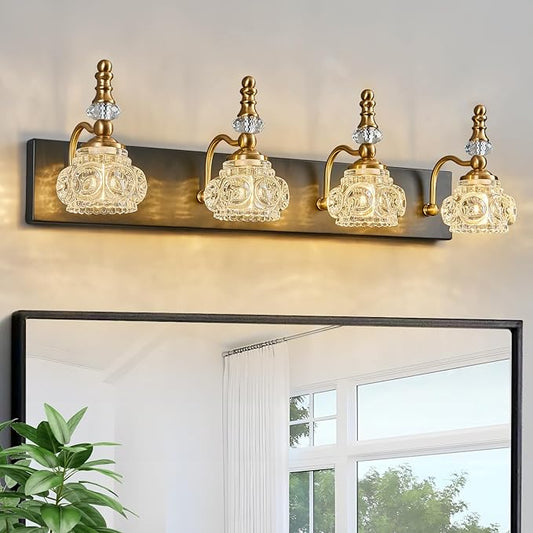 Bathroom Light Fixtures, Modern Glass Crystal Bathroom Vanity Light Vintage Bathroom Lighting Fixtures Over Mirror 4 Light Vanity Lights G9 Bulb (27.55 Inch, Black Gold)