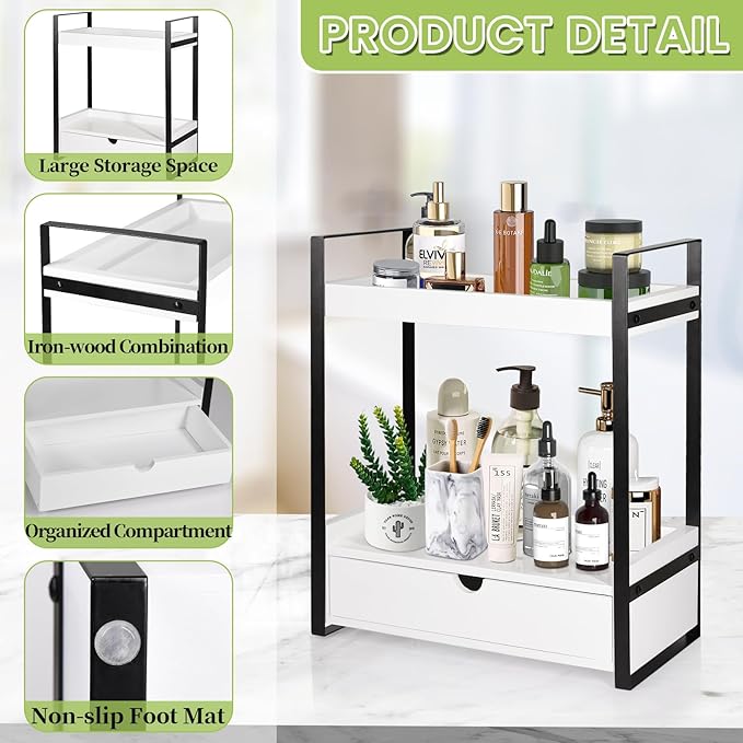 2-Tier Wooden Counter Shelf with Drawer, Vanity Tray for Organization and Decor, Countertop Organizer for Bathroom and Kitchen