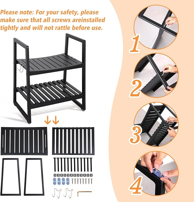 VVW 21.6 Inch Bamboo Shower Bench Seat Chair Stool with Arms for Inside Shower, Heavy Duty Spa Bath Chair with 2 Movable Hooks, Non-Slip Feet for Bathroom Accessories (Black)