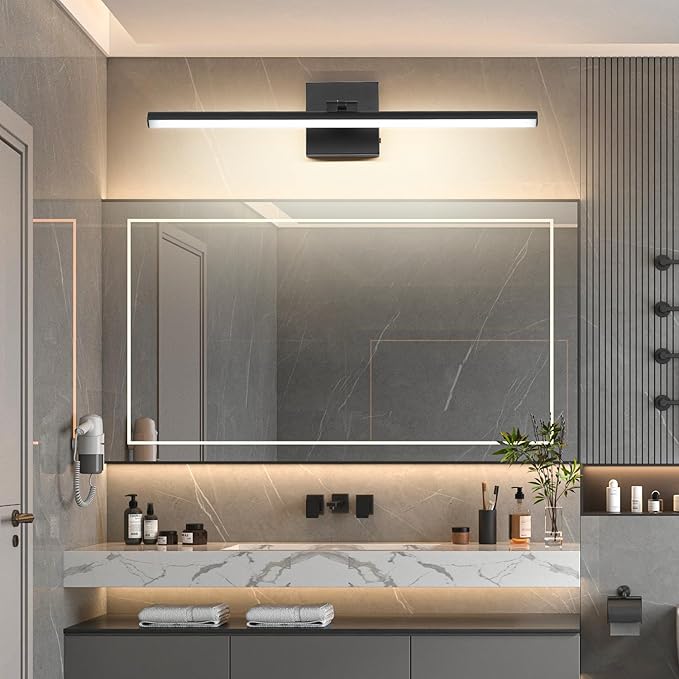 24 Inch LED Bathroom Vanity Light (3000K/4000K/6000K, Dimmable), Black Modern Bathroom Light Fixture Over Mirror, Vanity Light Bar for Bathroom with Angle Adjustable