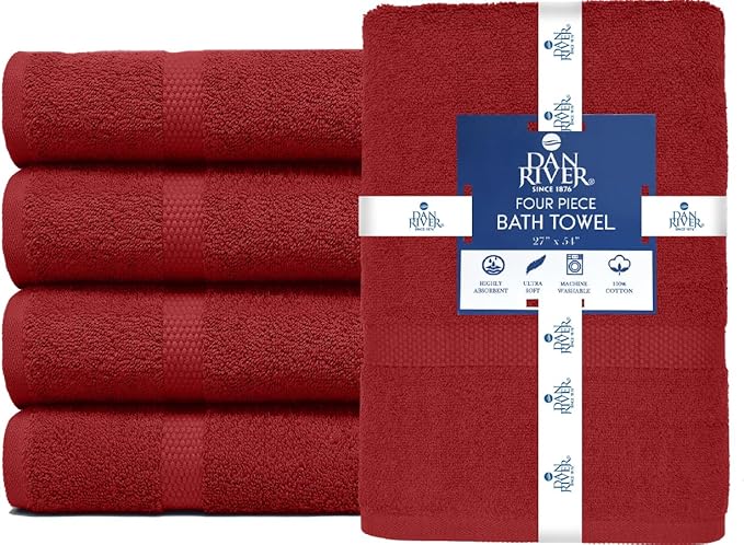 DAN RIVER Bath Towels Set of 4, 27 x 54 Inches, 100% Cotton, Larger & Lighter Weight, Quicker to Dry, Super Soft and Absorbent, Ideal Absorbent Bath Towels for Daily Use, Red