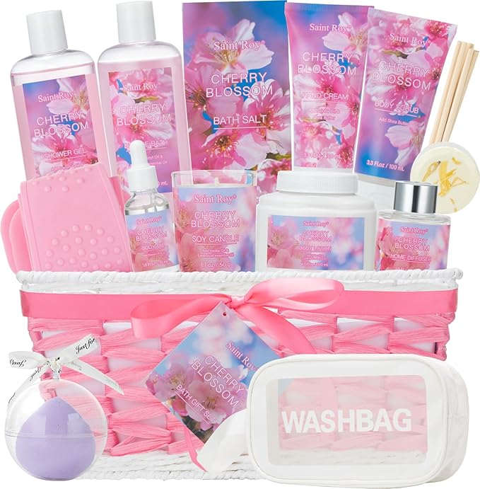 Bath & Body Gift Set, Luxury Home Spa Bath Gift Basket, Cherry Blossom spa kit for women,bath basket Christmas Gifts for Women & Teens, 12 Pcs Bath Spa Kit for women Body Kit Birthday Gift Christmas
