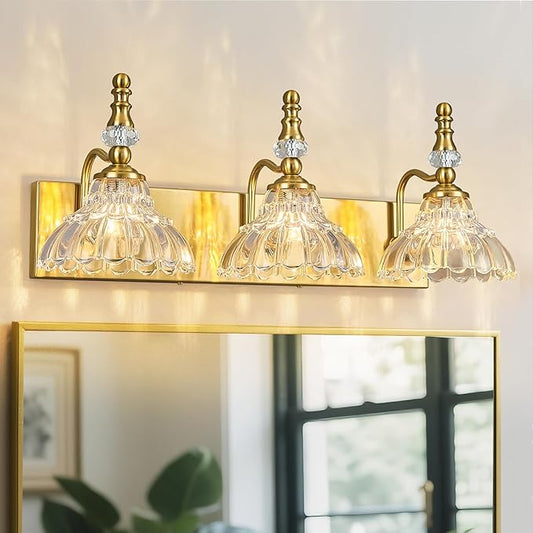 Vintage Bathroom Vanity Light, 3-Light Gold Vanity Lighting Fixture with Flower Glass Shade, Bathroom Lighting Fixtures Over Mirror