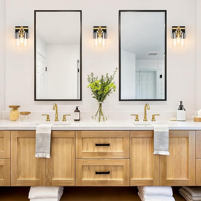 1 Light Modern Bathroom Light Fixtures Over Mirror, Black Gold Vanity Lights for Bathroom Wall Sconces with Clear Glass Shades, E26 Socket (Bulbs Not Included)