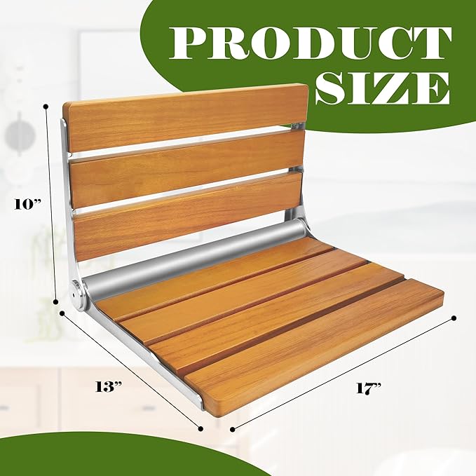 Folding Shower Seat Teak, Folding Shower Seat Wall Mounted, Foldable Shower Chair for Home Care, 450 lbs Capacity (Stainless Steel, 13'' D x 17'' W x 10'' H)