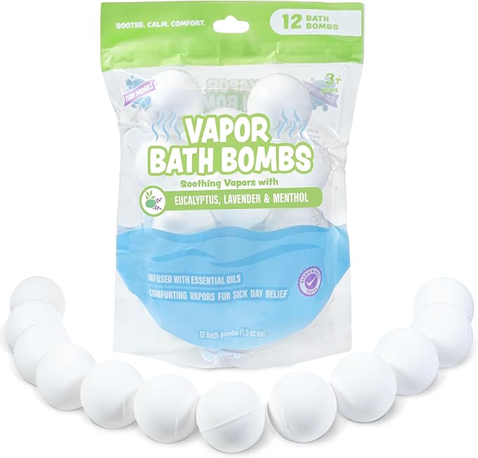 Tub Works® Vapor Bath Bombs for Toddlers & Kids, 12 Pack | Natural Essential Oils for Aromatherapy | Calming Eucalyptus Bath Bomb with Lavender & Menthol for Cold, Flu & Congestion Relief