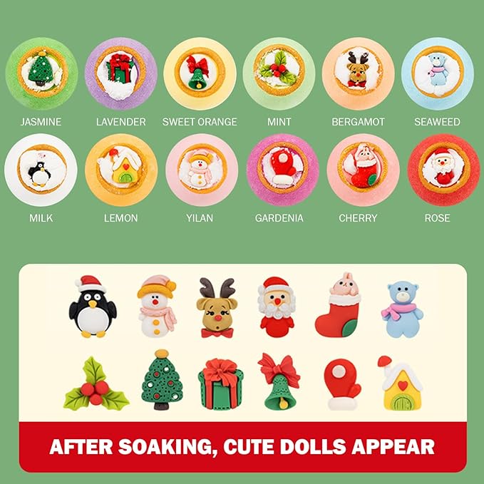 Christmas Bath Bombs 12PCS/Set Different Scents Natural Organic Bath Bombs with Surprise Toys Inside Bathbombs for Women Mom Girlfriend