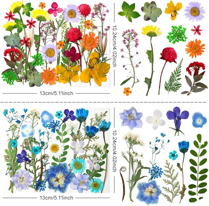 140Pcs Dried Pressed Flowers, Natural Dried Flowers Bulk with Dried Leaves for Resin, Mixed Color Dried Flowers for DIY Crafts, Epoxy Resin, Candle Making, Jewelry, Floral DIY Art, DIY Supplies Kits