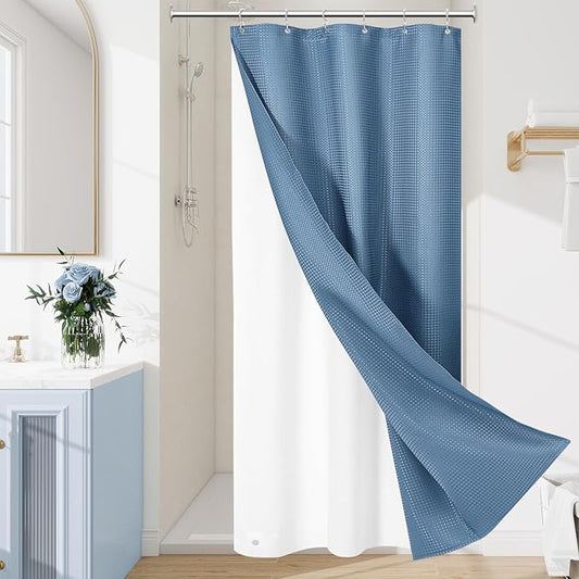 3 in 1 Stall Half Size Moonlight Blue Shower Curtain Set-36 W x 72 H, Modern Waffle Waterproof Fabric and PEVA Liner Set with Stainless Steel Hooks