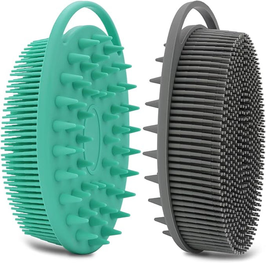2 Pack Silicone Body Scrubber, Loofah Double-Sided Body Brush,Shower Scrubber and Scalp Massager Shampoo Brush for Sensitive Kids Women Men All Kinds of Skin (Green & Gray)