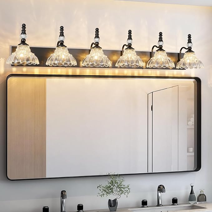 Vintage Bathroom Vanity Light, 6-Light Black Vanity Lighting Fixture with Flower Glass Shade, Bathroom Lighting Fixtures Over Mirror