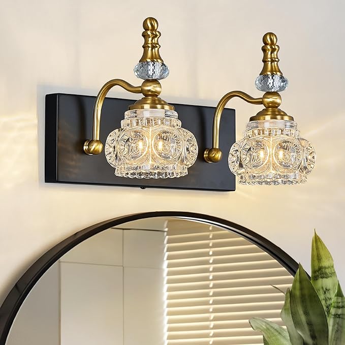 Modern Glass Crystal Vanity Light - Vintage Bathroom Lighting Fixtures Over Mirror, 2 Light Vanity Lights G9 Bulb (11.81 Inch, Black Gold)
