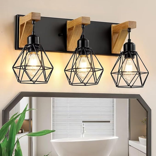 3-Light Farmhouse Bathroom Vanity Light Fixtures, Wood Bathroom Light Over Mirror, Rustic Sconces Wall Lighting with Elegant Metal Lampshade for Living Room, Bedroom, Hallway