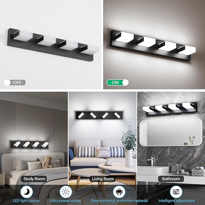 Aipsun Matte Black Bathroom Light Fixtures - 4 Lights LED Modern Vanity Lighting Fixtures Over Mirror (White Light 6000K)