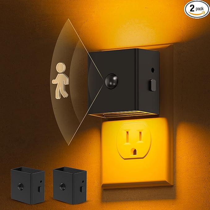 L LOHAS LED Motion Sensor Night Light, [2-Pack] Motion Activated Night Light, Motion Sensor and Dusk to Dawn Sensor, Brightness Adjustable,Amber Nightlight for Bathroom Hallway Kitchen