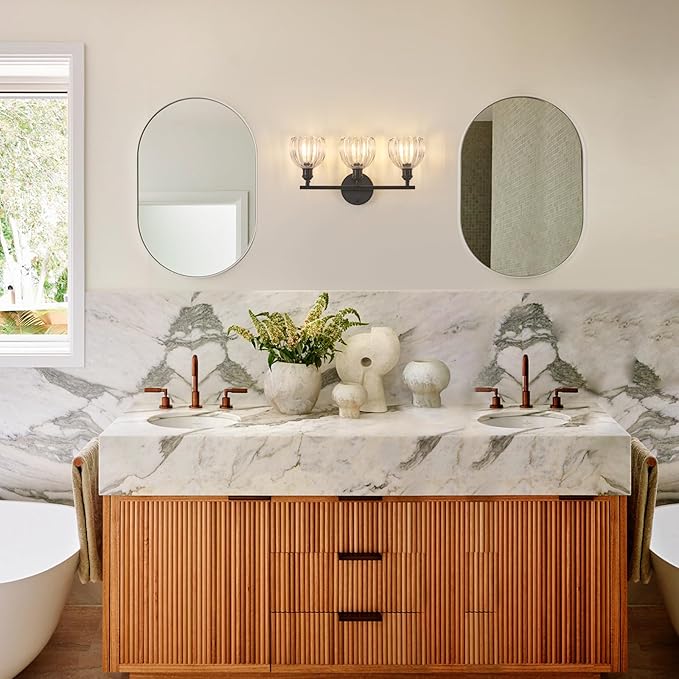 Bathroom Light Fixtures, 3-Light Black Vanity Wall Light Over Mirror with Clear Tulip Glass Shade for Bedroom Living Room (Bulb Not Included)