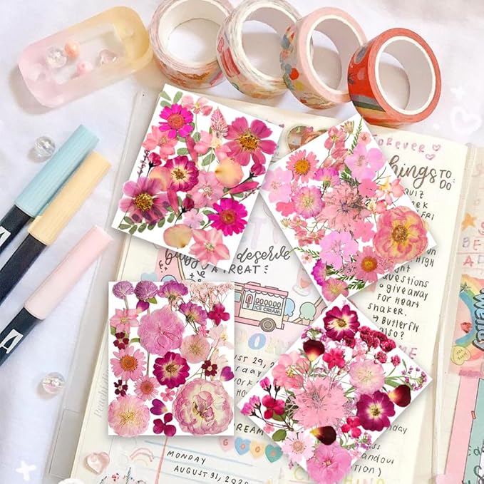 148PCS Pink Dried Pressed Flowers with Butterfly Stickers - YouthBro Real Nature Flowers Craft Set for Resin Jewelry Candle Soap Vase Making Nail Card Scrapbook Art Floral Decors