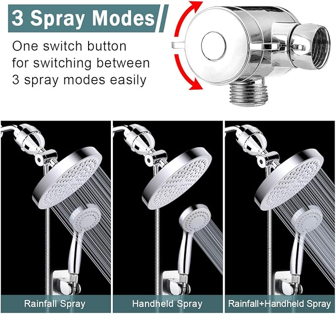 Taiker Filtered Shower Head, High Pressure Rainfall Shower Head/Handheld Shower Filter Combo, Luxury Modern Chrome Plated with 60'' Hose Anti-leak with Holder (Silver)