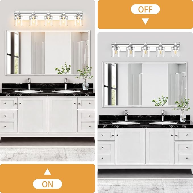5 Light Modern Bathroom Light Fixtures Over Mirror, Chrome Vanity Lights for Bathroom Wall Sconces with Clear Glass Shades, E26 Socket (Bulbs Not Included)