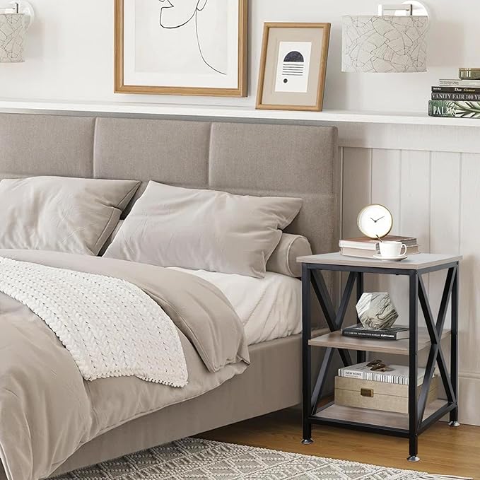 TooCust End Tables Living Room, 16" D x 16" W x 24" H, Indoor SideTables Living Room with Storage Shelf, Square End Table, X-Shaped Night Stands for Bedroom, Farmhouse Wood End Tables, Grey