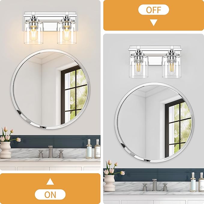 2 Light Modern Bathroom Light Fixtures Over Mirror, Chrome Vanity Lights for Bathroom Wall Sconces with Clear Glass Shades, E26 Socket (Bulbs Not Included)
