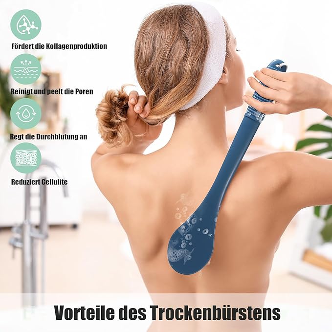 17-Inch Back Scrubber for Shower, Anti-Slip Exfoliating Body Brush for Bath, Gentle Back Brush for Shower for Men, and Women, Cleaning Skin for Smooth, Glowing Skin (Blue)