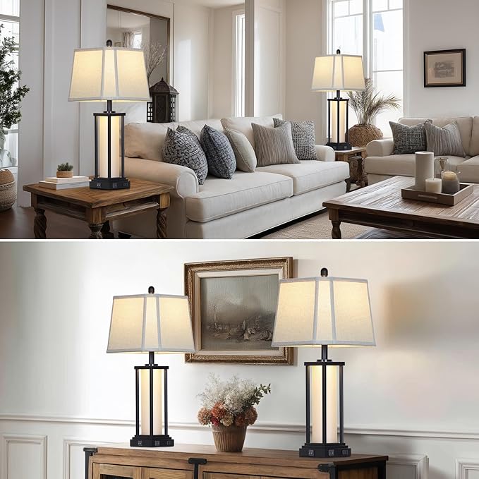 27" Tall Vintage Table Lamp Set of 2 with USB C+A & Outlet,Black Industrial End Table Lamp for Living Room,Farmhouse Rustic Bedside Lamps with Bell Lampshades for Bedroom Nightstand,Black