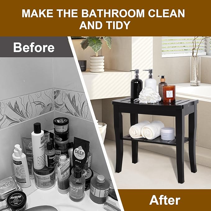 VVW 19 Inch 2-Tier Bamboo Shower Bench - Bathroom Bench Seat with Storage Shelf, Wooden Spa Seat with Non-Slip Feet Bath Stool for Adults Women Elderly, (Black)