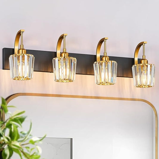 Modern Bathroom Vanity Light, 4-Light Black Gold Wall Sconce with Crystal Accents, Over Mirror Bathroom Lighting Fixture, 32.67" Long Dimmable Vanity Lamp for Makeup, Easy Installation