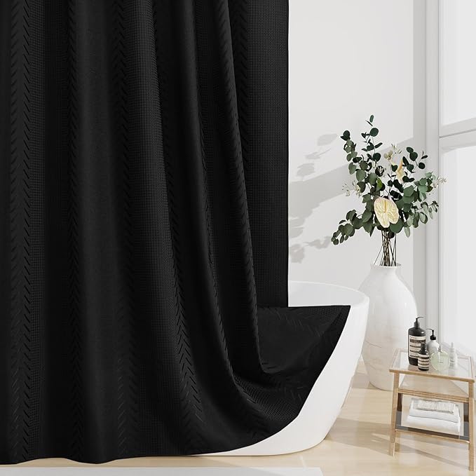 3D Embossed Pattern Shower Curtain, Simple and Chic Pattern Vintage Curtain for Bathroom, Waterproof Fabric Shower Curtains with Hooks, 36 W x 72 H, Black