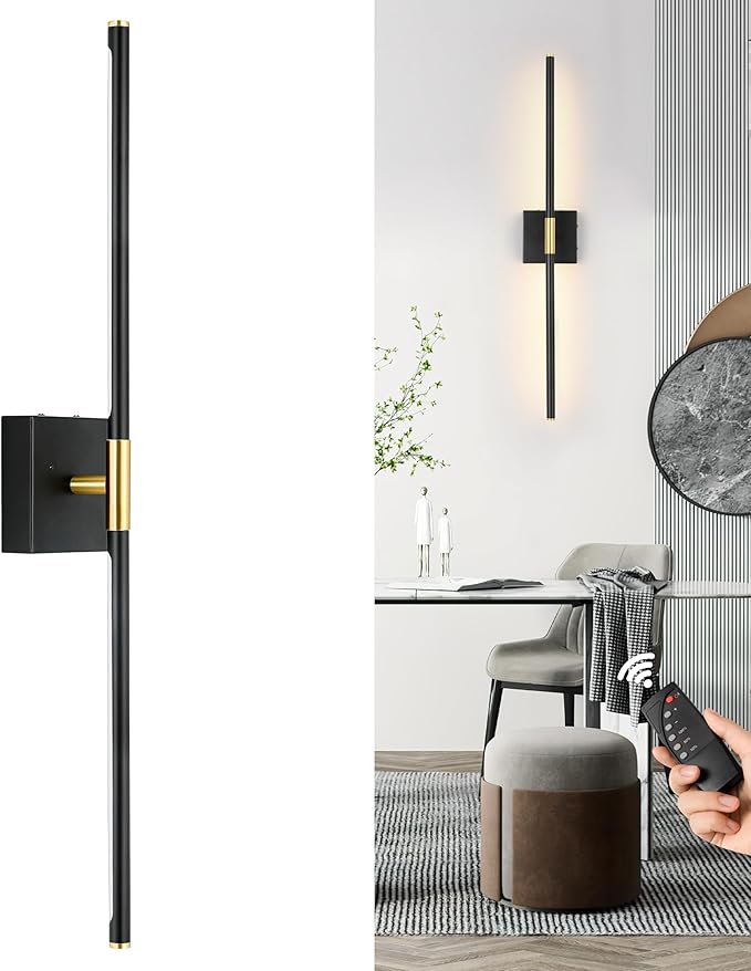 Battery Operated Wall Sconce, Black Gold Rechargeable Wall Sconces with Remote Control, Dimmable Sconces Wall Lighting, 40 Inch Modern Wireless Wall Lights for Bathroom, Bedroom,Living Room