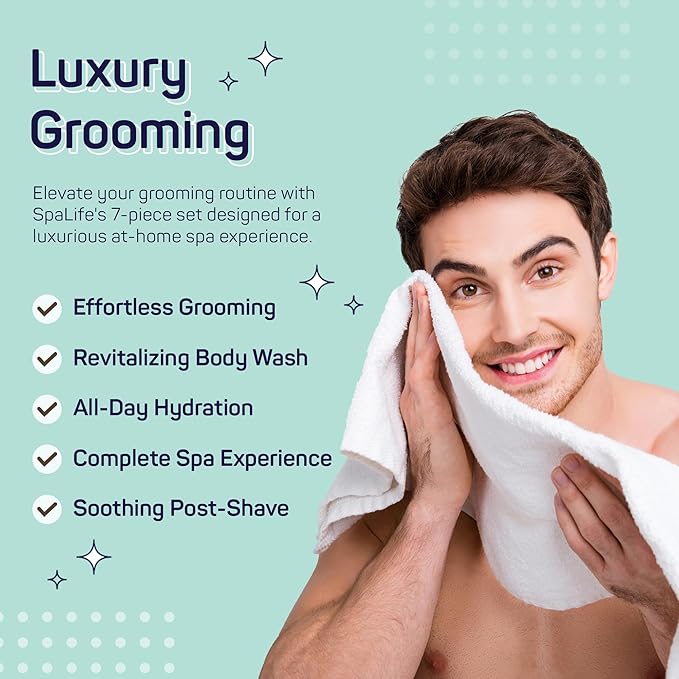 SpaLife 7-Piece Men's Body Care Gift Set | Mens Gift Set with 2-in-1 Shampoo & Conditioner, Body Wash, Moisturizer, Post-Shave Lotion, Sponge & Foot Stone | Christmas Gifts for Men | 7-Piece Bundle