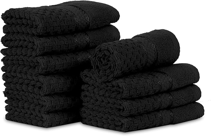 Ample Decor Wash Cloth Set of 10 100% Cotton - Popcorn Textured - Mulaayam Collection - Black 12 X 12 Inch